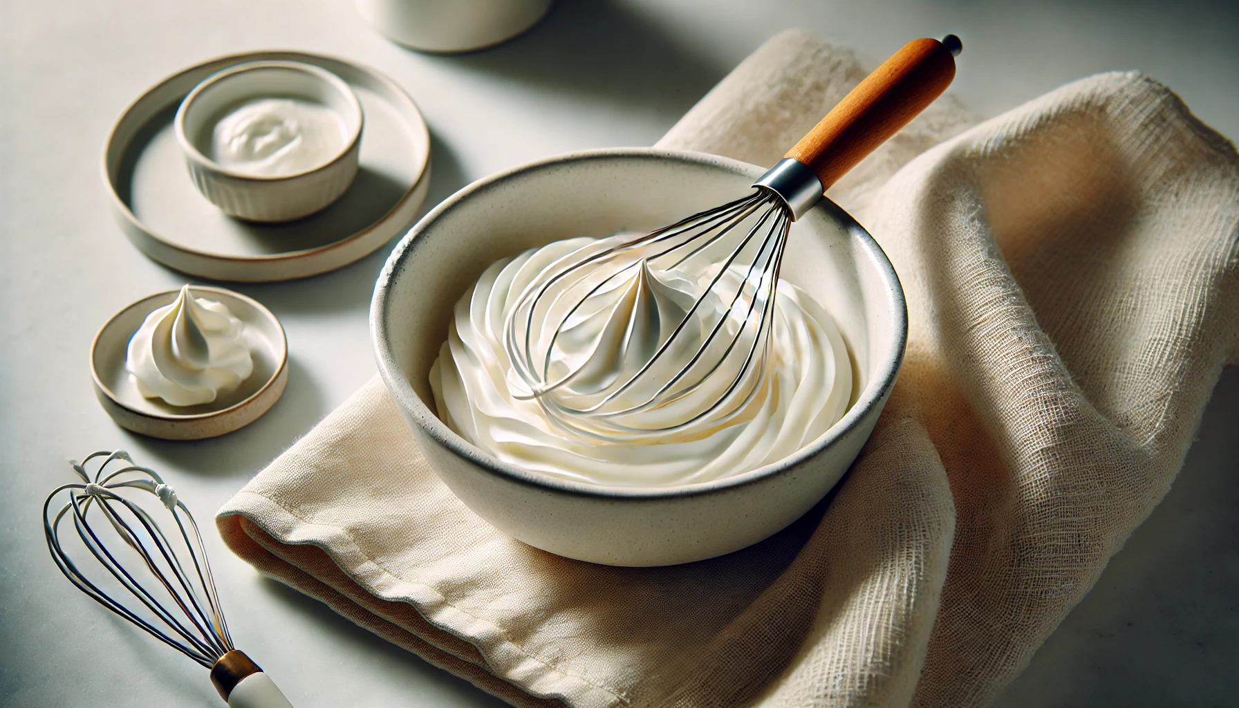 a bowl of whipped cream on a table with a whisk
